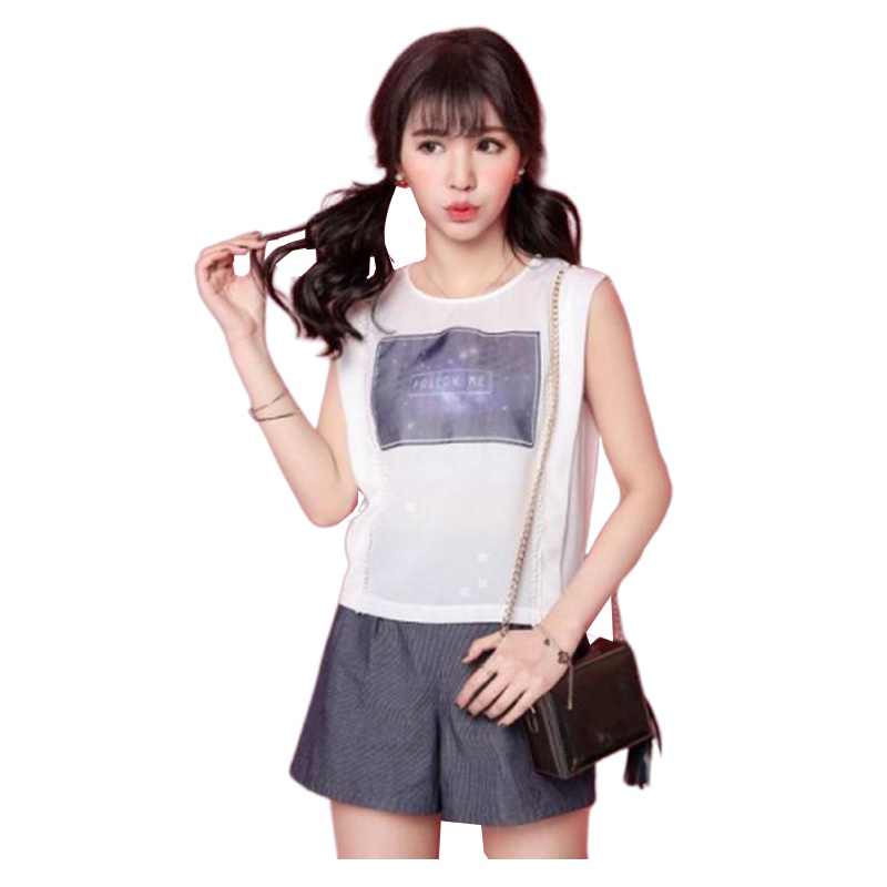 拉夏贝尔Candie’s夏季新款圆领无袖纯色字母印花珠绣雪纺衬衫上衣女30062093