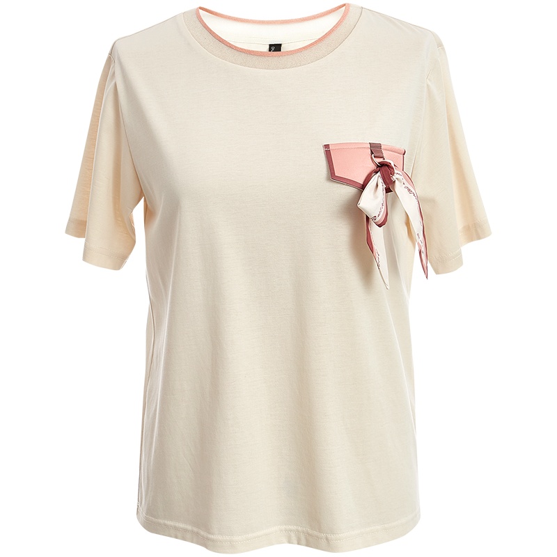 欧昵雪夏装设计感圆领丝巾装饰显瘦T恤女纯棉ins短袖上衣