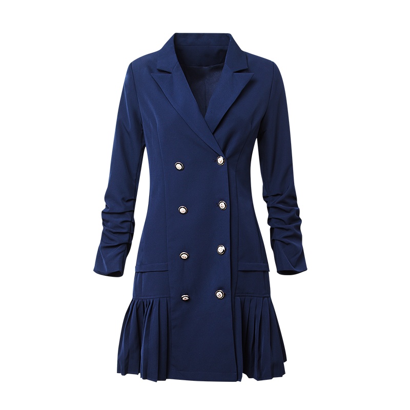 晩白 新品百搭纯色西装领双排扣中长款长袖西装裙外套上衣女