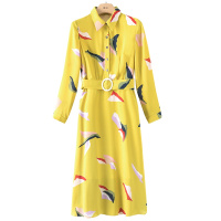 晚白2021春季新品时尚修身翻领长袖印花雪纺裙收腰A字连衣裙女