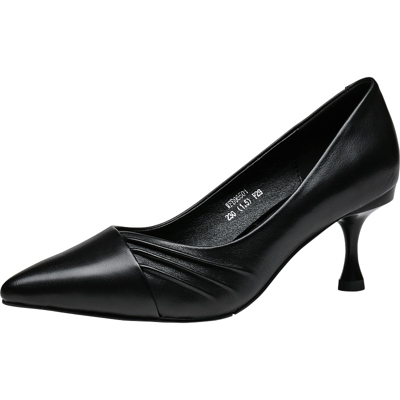 红蜻蜓女鞋秋季英伦简约头层牛皮尖头高跟鞋细跟套脚职业单鞋