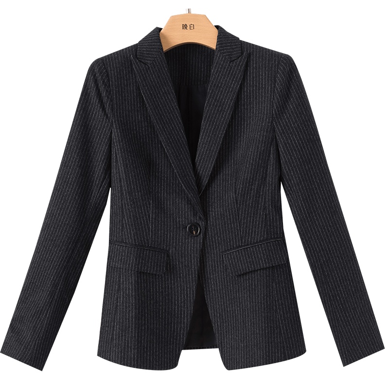 晚白2020秋冬新品修身显瘦竖条纹职业百搭通勤常规款厚西装外套女