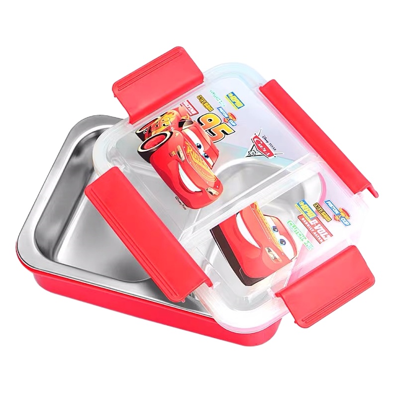 迪士尼幼儿园餐盘儿童餐具套装不锈钢分隔分格家用宝宝小学生饭盒分隔不锈钢防摔餐盘-DC2332汽车总动员系列分格饭盒