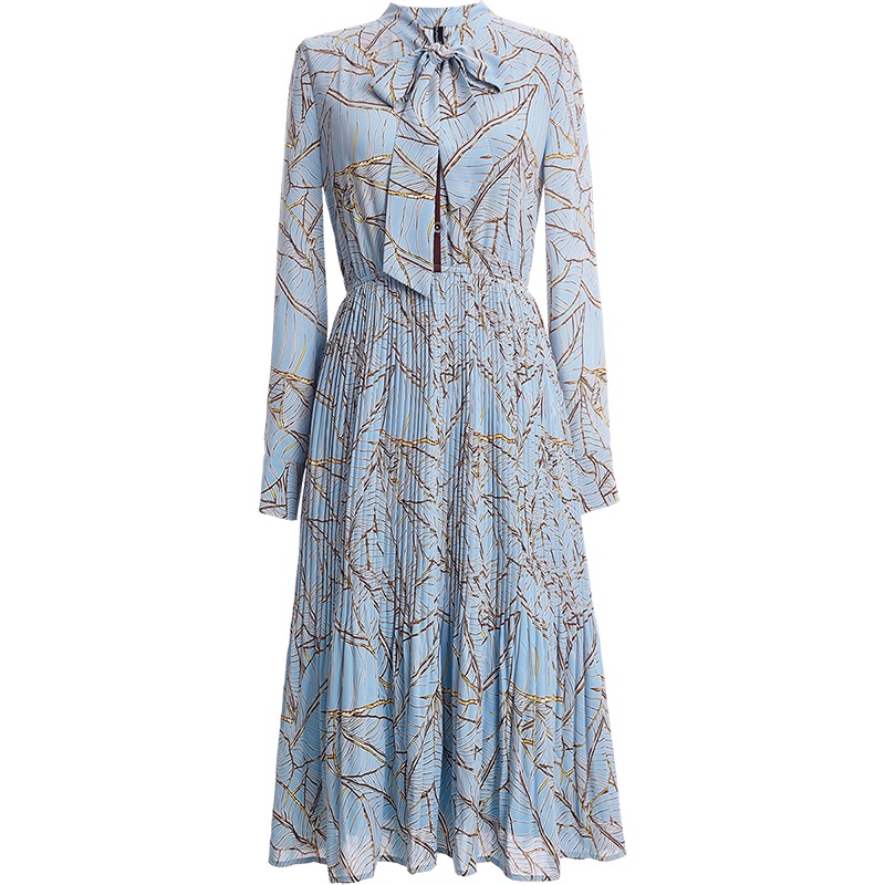 OUNIXUE欧昵雪 | [梭织印花雪纺裙]淑女蝴蝶结飘带收腰百褶长袖连衣裙女