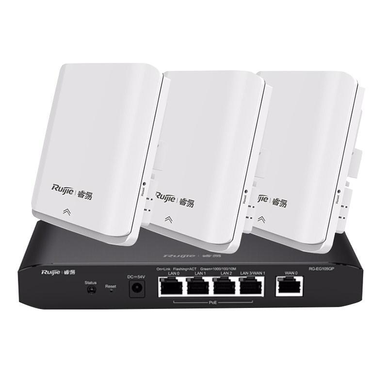 睿易 锐捷(Ruijie)无线AP面板套装 86型室内放装企业级wifi无线接入点 (5口千兆AC网关路由器*1+单频面板AP*3)