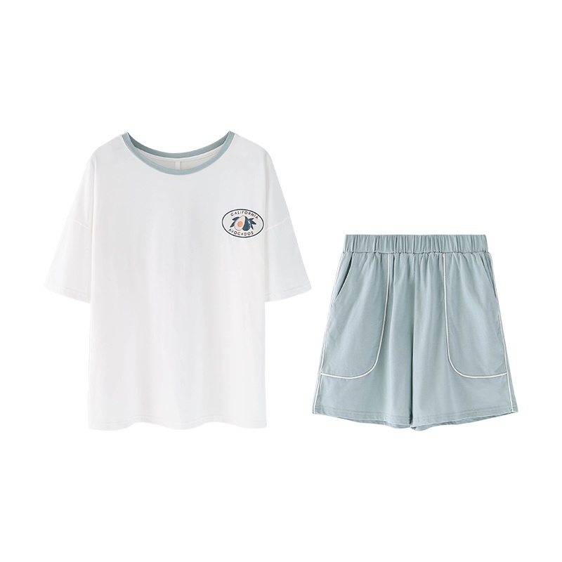 纯棉针织素色插印花短袖女套装