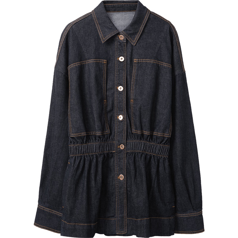 2019爱居兔秋季女装 小翻领收腰牛仔长袖衬衫