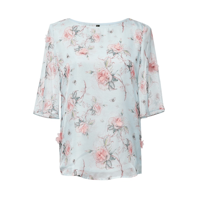 欧昵雪立体花装饰喇叭袖宽松碎花雪纺衫上衣女短袖