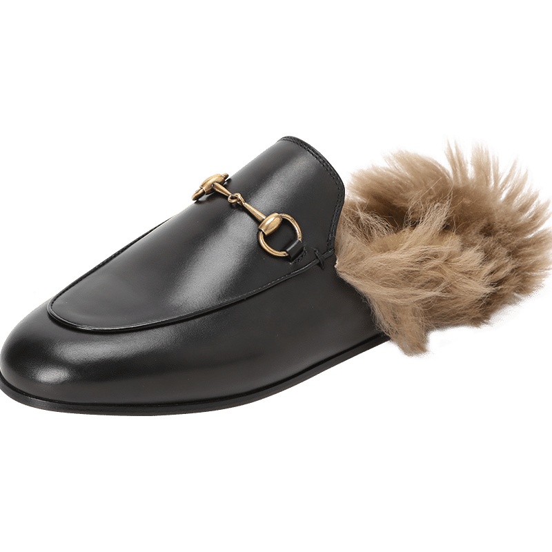 古驰GUCCI Princetown 半皮拖鞋 马衔扣光面皮397749毛底 女士拖鞋