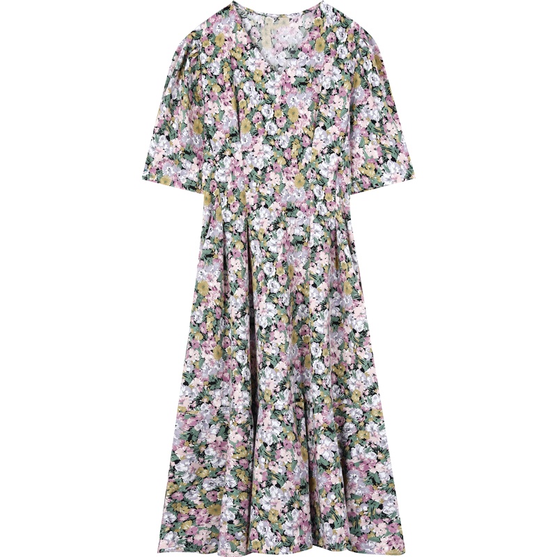 【新款】妖精的口袋法式碎花泡泡袖连衣裙女2020夏季v领显瘦裙子