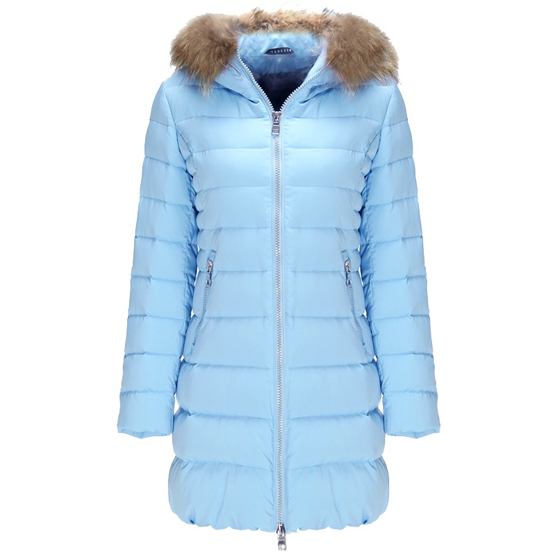 坦博尔冬季新款大毛领连帽中长款羽绒服女修身收腰韩版外套TD3678