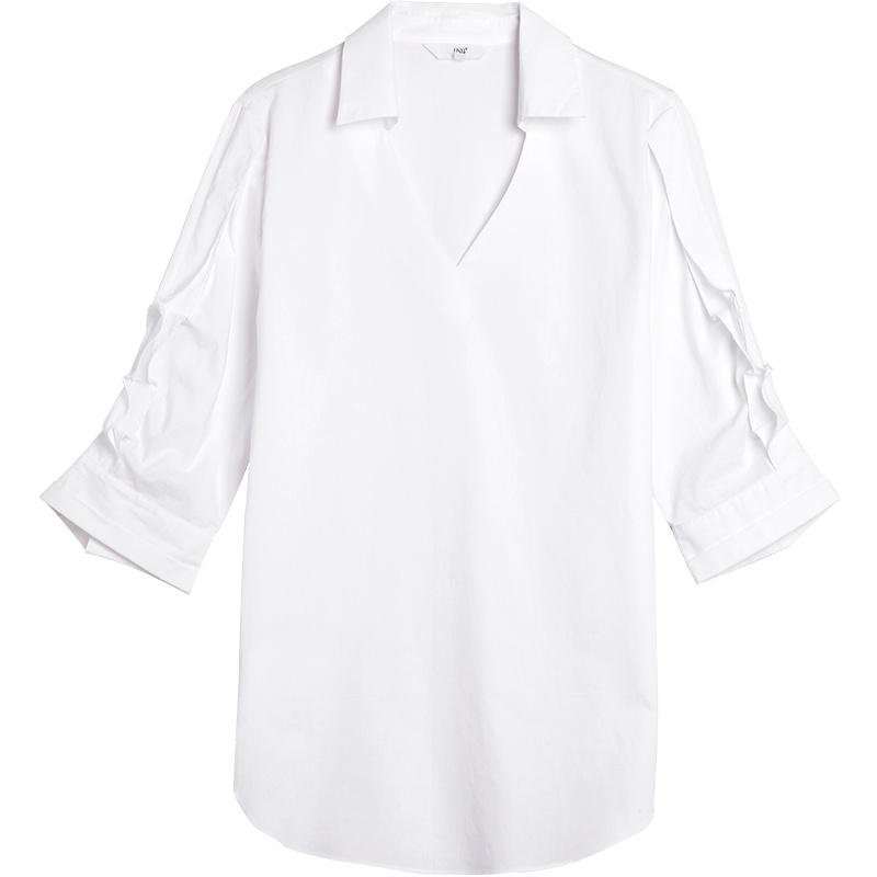 OSA欧莎白色衬衫女2019新款夏薄设计感心机v领衬衣宽松纯棉上衣