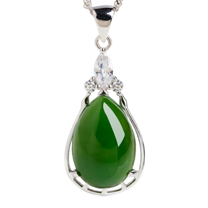 帛兰梓韵 天然和田玉碧玉水滴吊坠女款时尚百搭玉坠s925银镶碧玉天使泪玉石吊坠