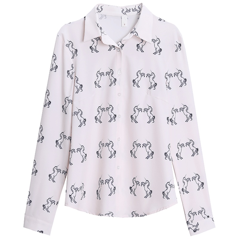恒源祥衬衫女早春长袖印花白色衬衣小清新独角兽图案上衣