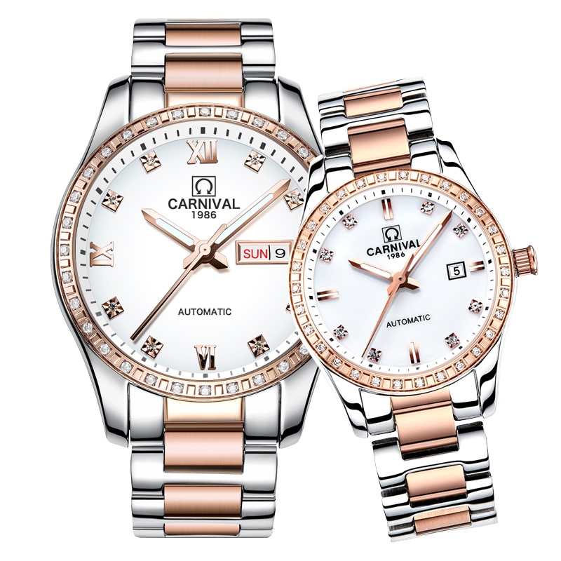 瑞士嘉年华Carnival情侣手表新款双日历夜光防水全自动机械表 男女情侣表对表休闲时尚镶水钻金属腕表8685G