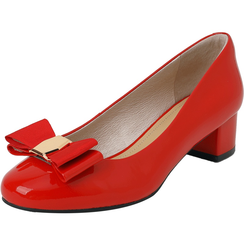 百田森秋季新款中跟单鞋女粗跟圆头浅口女鞋红色漆皮蝴蝶婚鞋