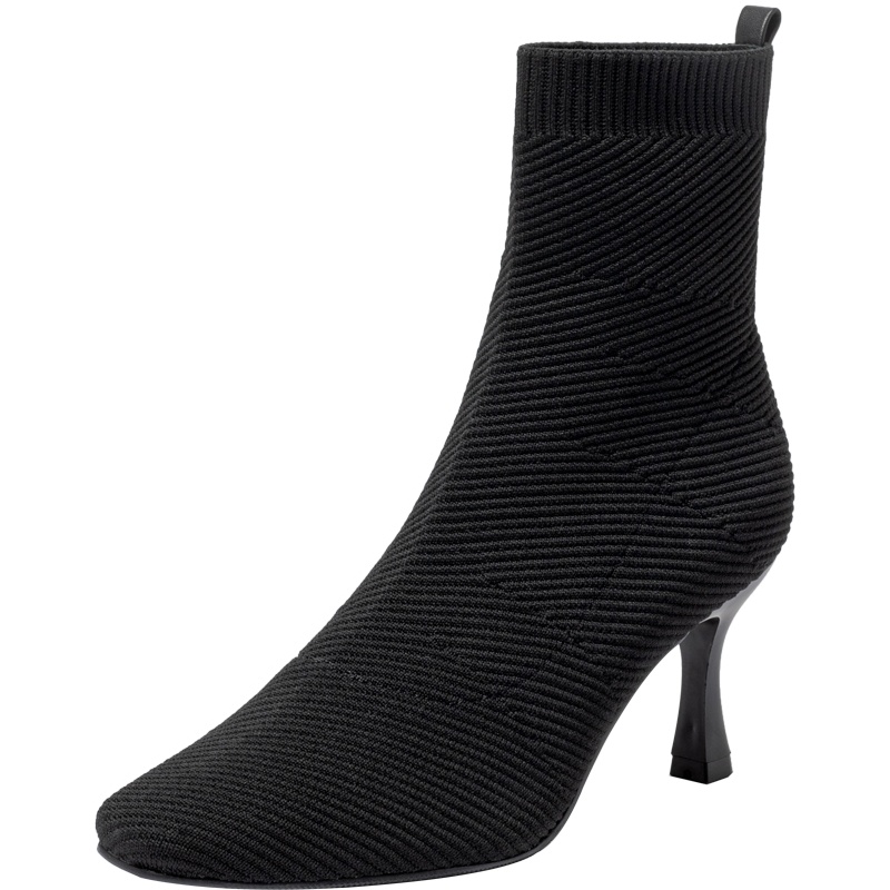 百田森袜靴女秋冬新款铆钉短靴细跟高跟方头短筒靴弹力瘦瘦靴