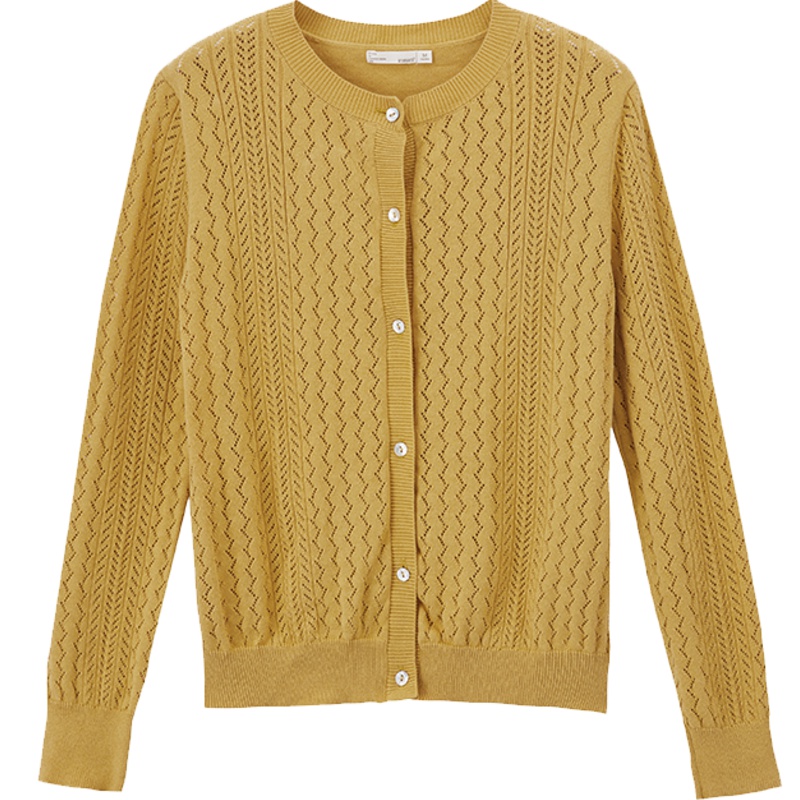 茵曼2019秋装新款圆领全棉纯色镂空提花针织开衫文艺外套上衣女