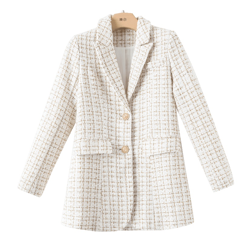晚白2020春季新品时尚简约格子修身显瘦减龄小香风毛呢西装外套女