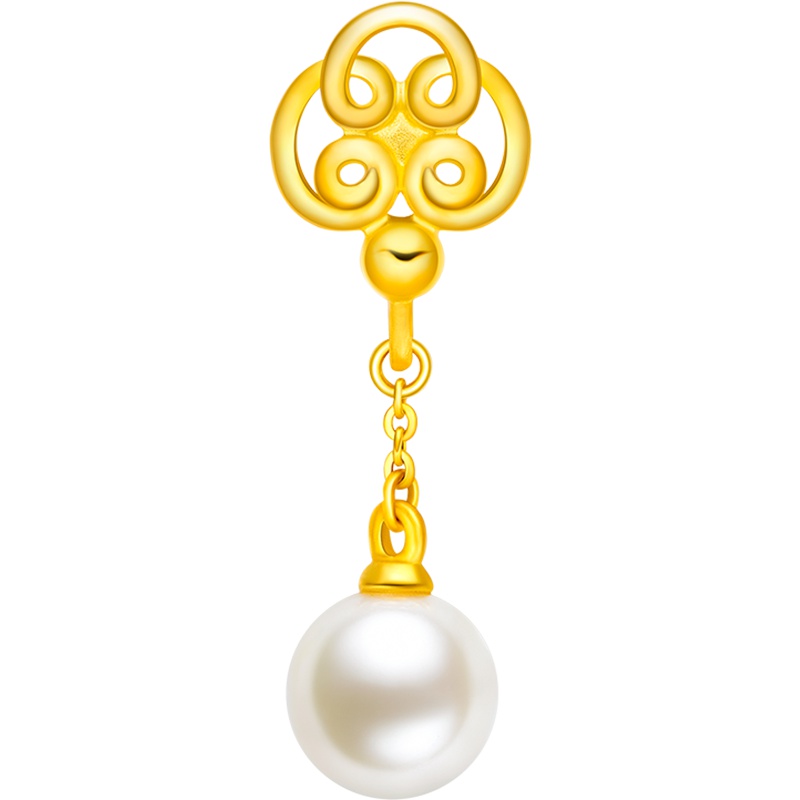 「新款」周大福盘扣系列蝴蝶扣足金黄金珍珠耳钉(单只)R23720