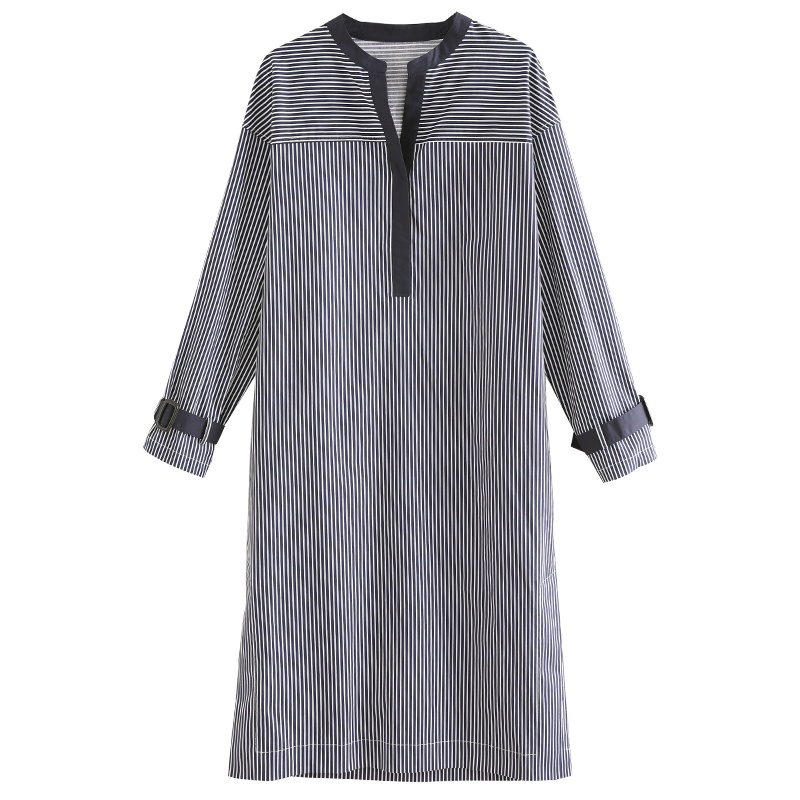 云上生活简约文艺韩版宽松长袖连衣裙条纹衬衫款2020春新款