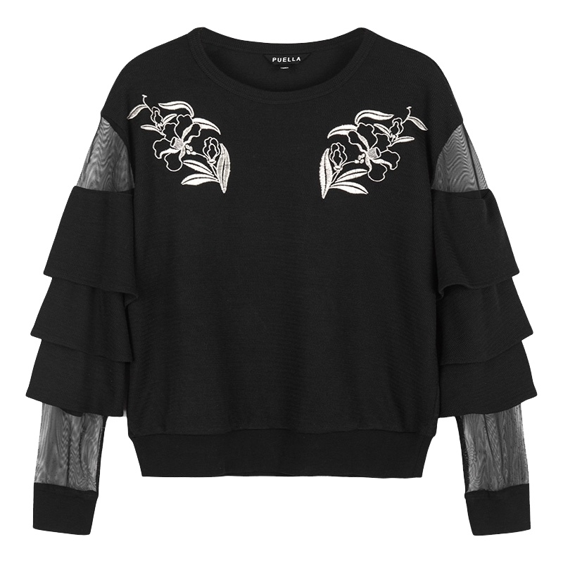 【热卖】Puella黑色原宿风工装卫衣女套头学生慵懒无帽宽松网纱长袖上衣20011354