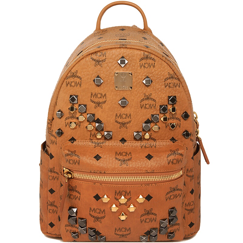 MCM 中性棕色侧铆钉pvc配皮小号双肩背包 MMK6SVE19CO001