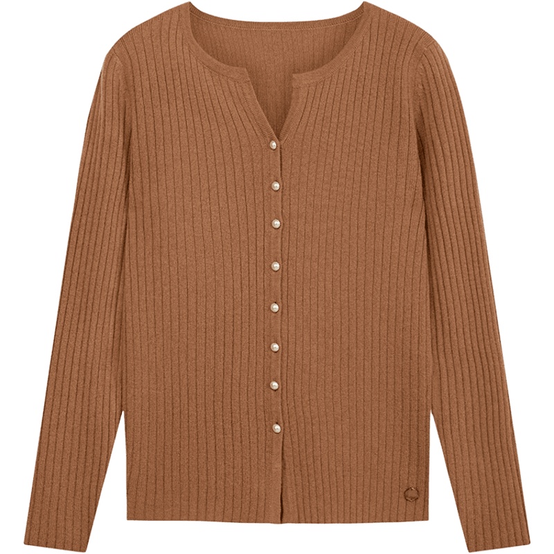 鄂尔多斯1980 圆领抽条珍珠扣百搭针织衫女羊绒开衫