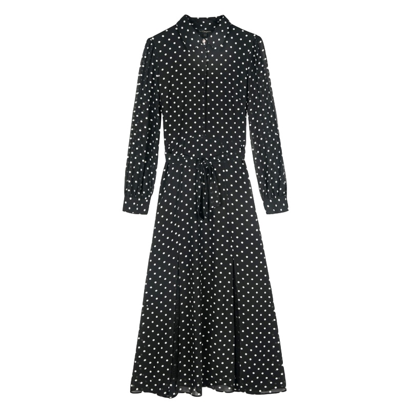 拉夏贝尔波点连衣裙新款女装收腰显瘦气质长袖中长款裙子