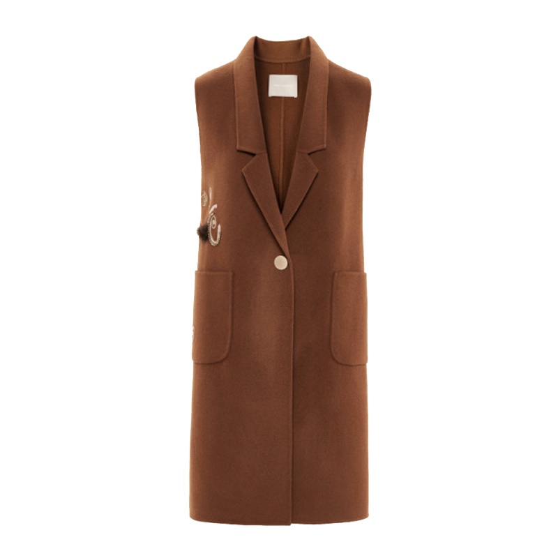 朗姿马甲女秋装新款中长款修身显瘦西装领刺绣无袖羊毛呢针织马夹