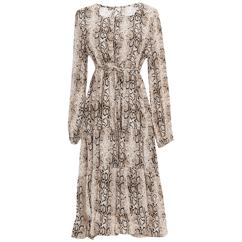 欧昵雪方领系带收腰印花连衣裙女蛇皮纹显瘦a字裙