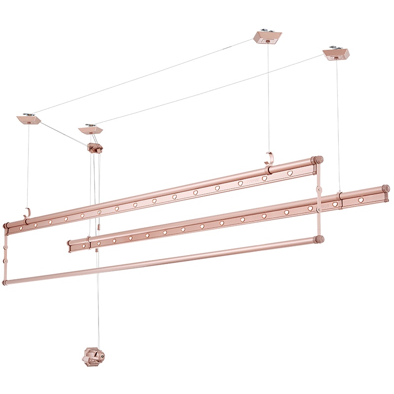 盼盼手摇升降晾衣架双杆式凉衣架三杆折叠晒衣架阳台家用晾衣杆 三杆玫瑰金2.0米