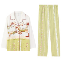 安之伴睡衣女印花开衫套装棉质弹力针织印花国民领长袖女士可外穿家居服套装 深草绿 S