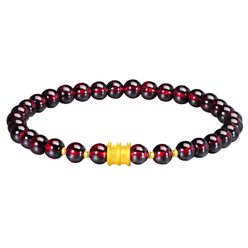 蒂蔻 时尚小蛮腰黄金手链女款3D硬足金石榴石路路通18K金珠手串生日礼物送老婆送女友