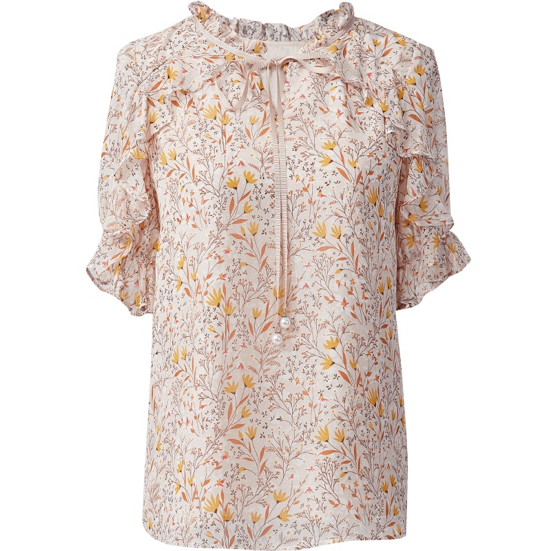 欧昵雪夏季木耳边拼接系带荷叶边碎花雪纺衫上衣女短袖