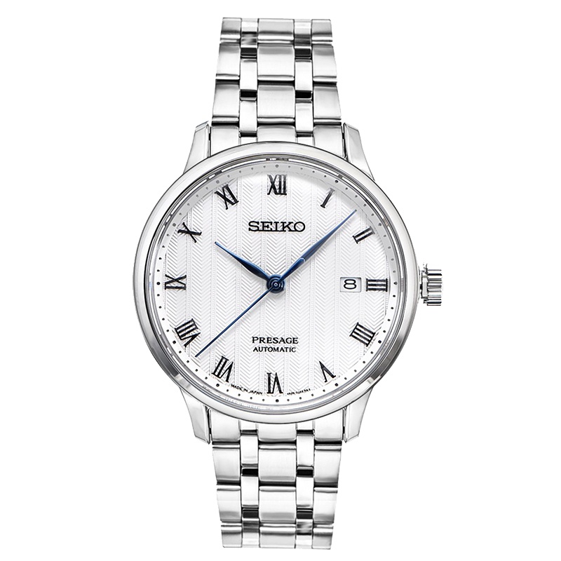 精工(SEIKO)男表 PRESAGE领航系列日本原装进口庭院灵感白盘钢带透底4R机芯自动机械手表SRPC79J1