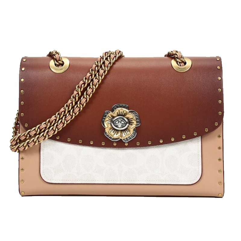 Coach蔻驰女士经典标志涂层帆布配皮山茶花单肩斜挎包 棕色白色多色29416B4R7W