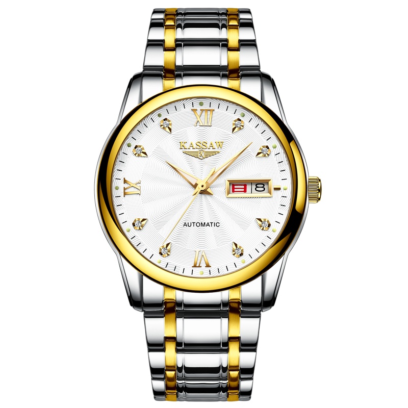 卡梭(KASSAW)手表男自动机械表防水时尚商务男表精钢夜光双日历男士腕表K830G