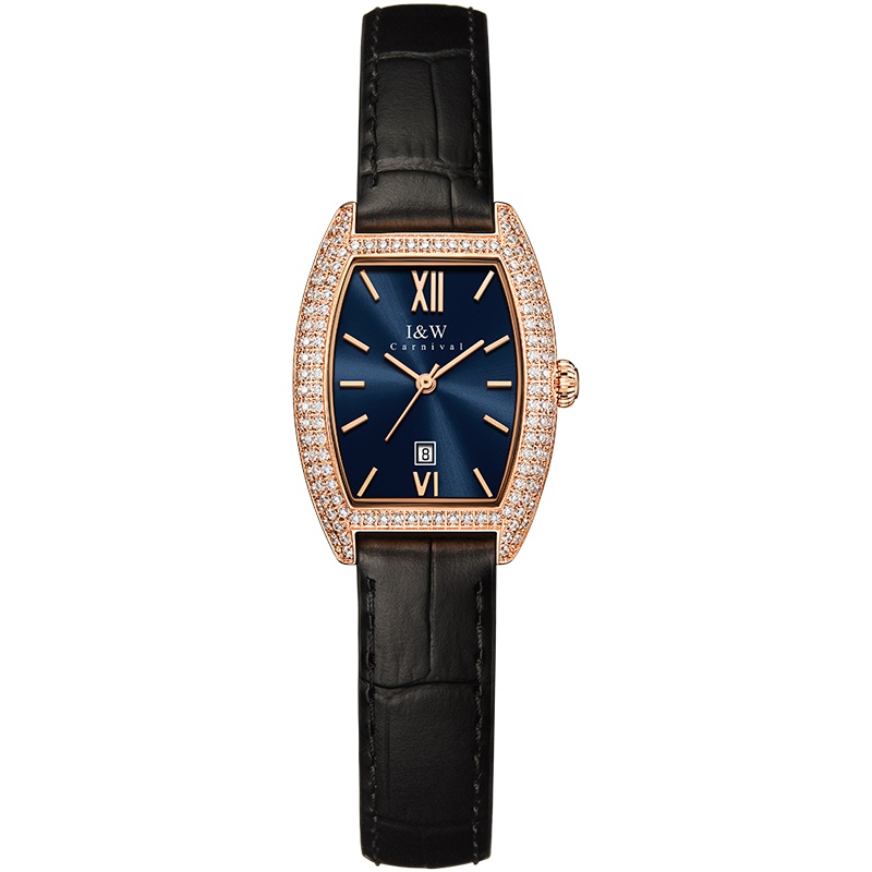 瑞士爱沃驰I&W Carnival女士ins风轻奢石英表 女表镶钻酒桶形正品名牌手表简约气质小绿表空姐椭圆表3006