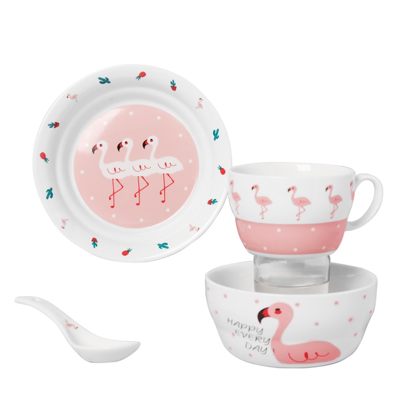 顺祥儿童餐具4件套装粉红飞羽卡通陶瓷碗碟健康水杯宝宝吃饭碗盘子