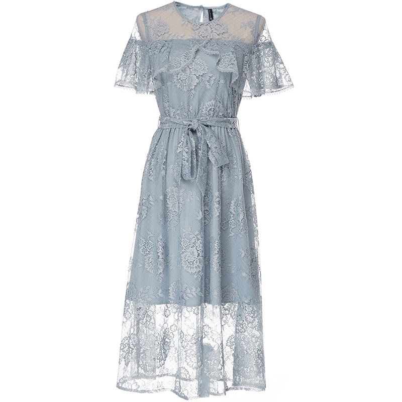 欧昵雪夏季勾花镂空优雅气质蝴蝶结系带高腰蕾丝连衣裙女