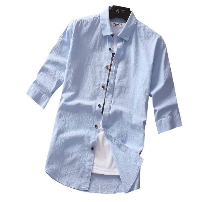 LEEVIRHINO2021年夏季新款男士棉质七分袖衬衫男式中青年商务休闲五分短袖寸衫大码打底衫男士衬衣中袖外套男装潮男