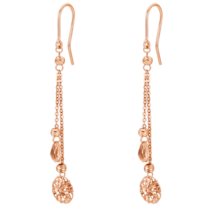 周大生18K金耳钉女款彩金耳线玫瑰金花贝正品简约长款耳吊