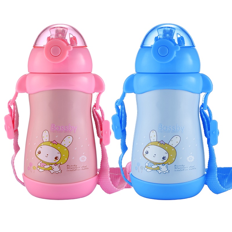 【赠宝宝保湿面霜】贝斯比BASSBY不锈钢保温弹跳水杯300ml婴儿童带吸管水杯外出便携式带背带水壶