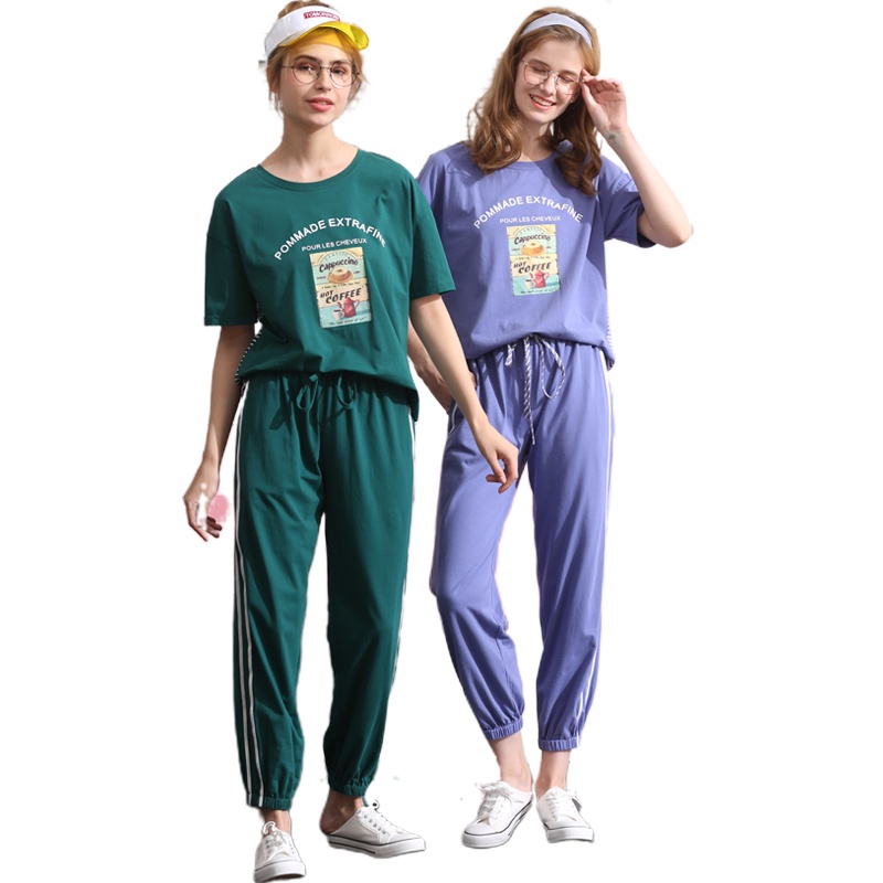 纯棉弹力针织素色插色织条短袖女套装