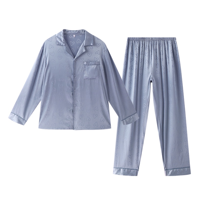 都市丽人优雅细腻柔滑轻弹质感色丁长袖长裤情侣款男士睡衣家居服套装4H01A3