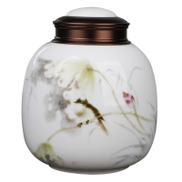 LICHEN 景德镇茶叶罐陶瓷密封储物干坚果罐子中草药防潮防虫带盖罐约半斤装双层金属盖子 翠鸟A