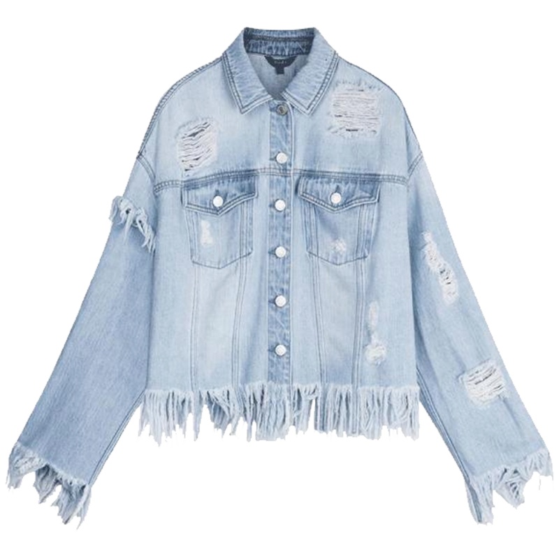 【热卖】牛仔外套女不规则破洞2018春装新款韩版长袖乞丐原宿夹克20011717