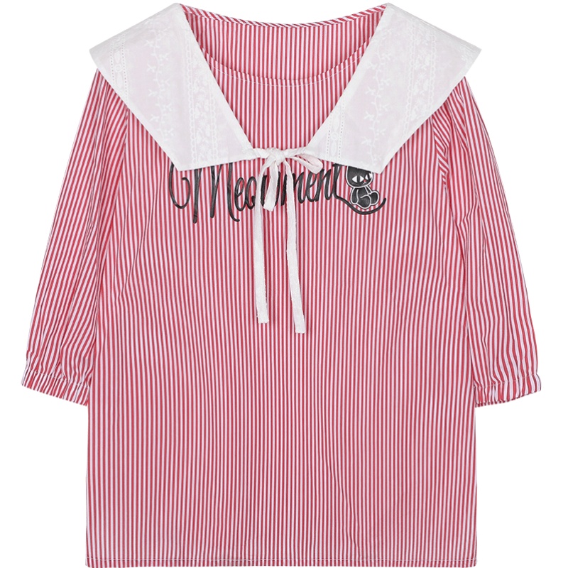 a02新款2020减龄学院风娃娃领卡通印花条纹衬衫女潮DTV2D0051BL