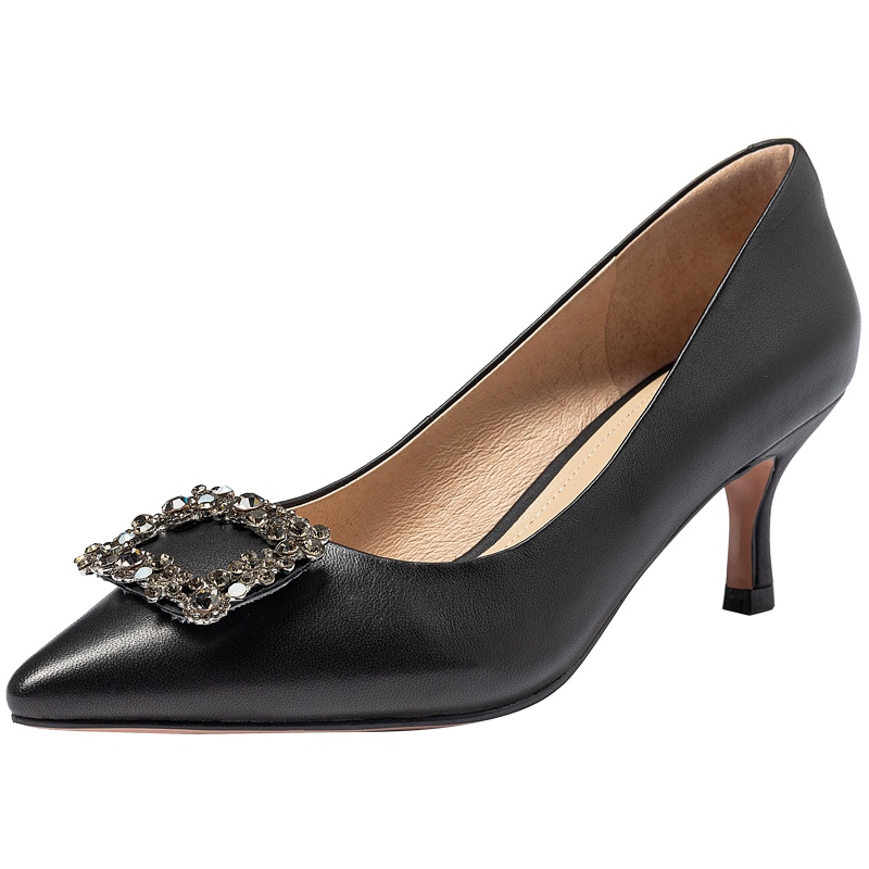 百田森秋季新款水钻方扣单鞋女尖头高跟鞋性感细跟真皮单鞋女